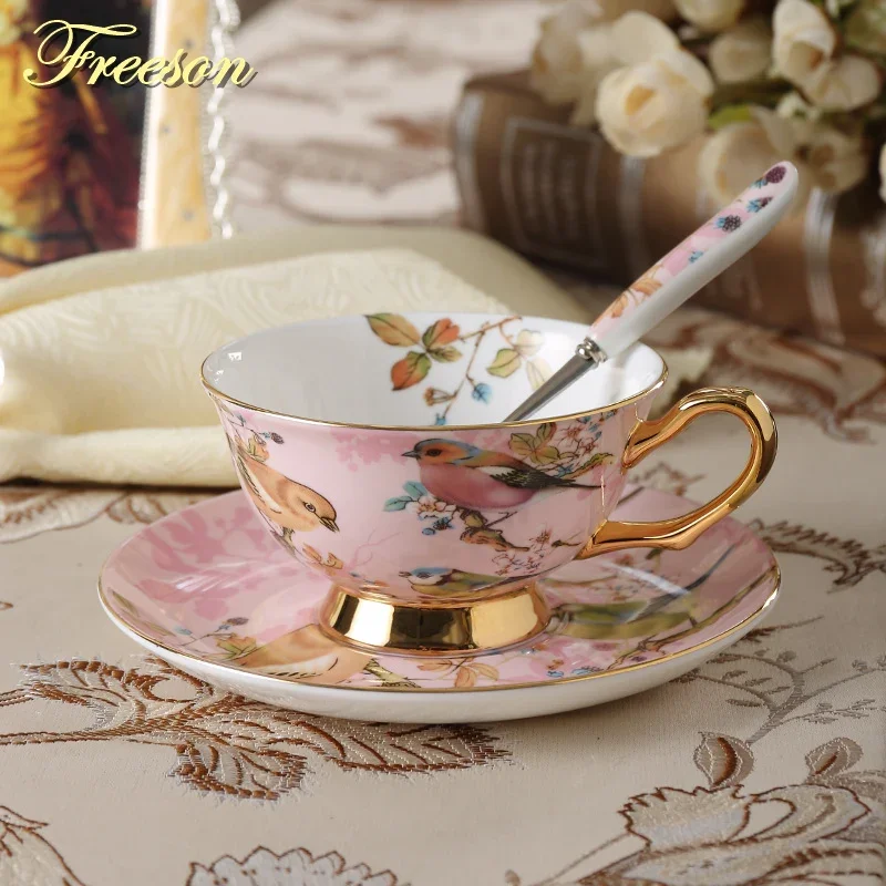 Pastoral Bird Bone China Tea Cup Saucer Spoon Set Europe Porcelain Coffee Cup 200ml Mug Tray Cafe Tumbler Party Drinkware