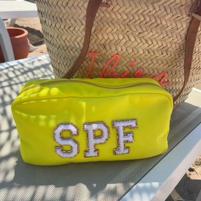 XL-Size Purple Cosmetic Bag Personalized Makeup Nylon Bag Custom Pouch Chenille Patch Large Travel Case Toiletry Bag Bride Gift