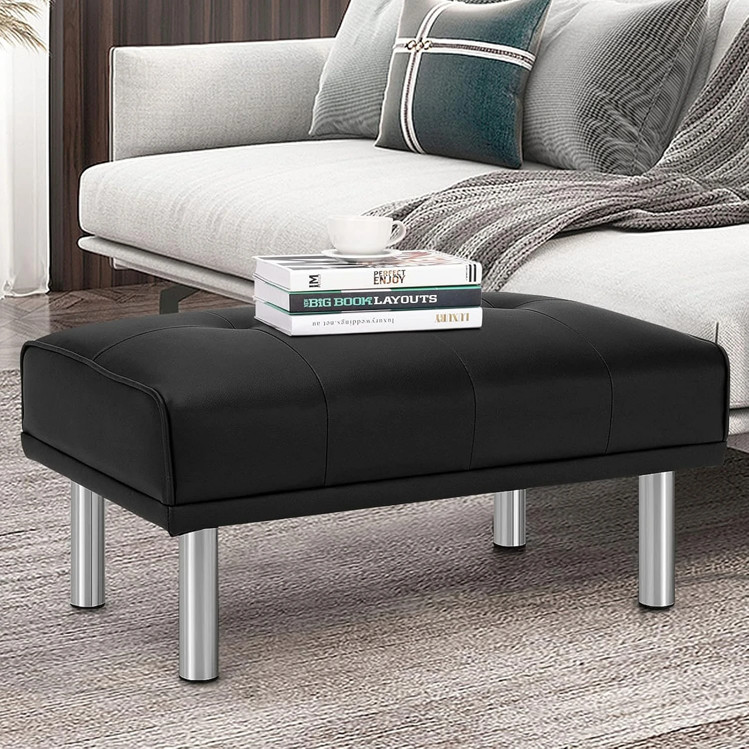 

Tufted Ottoman, Rectangle Footrest Stool with Stainless Steel Legs, Leather Sofa Ottoman with Thickened Seat and Waterproof Surf