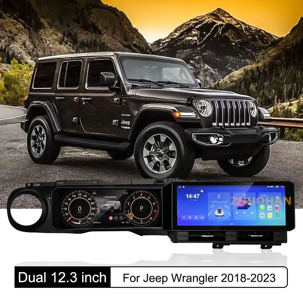 Nuovo Aggiornamento Doppio Schermo da 12.3 pollici Android Multimedia Radio LCD Cruscotto Digital Cluster Carplay Per Jeep Wrangler JL 2019-2023