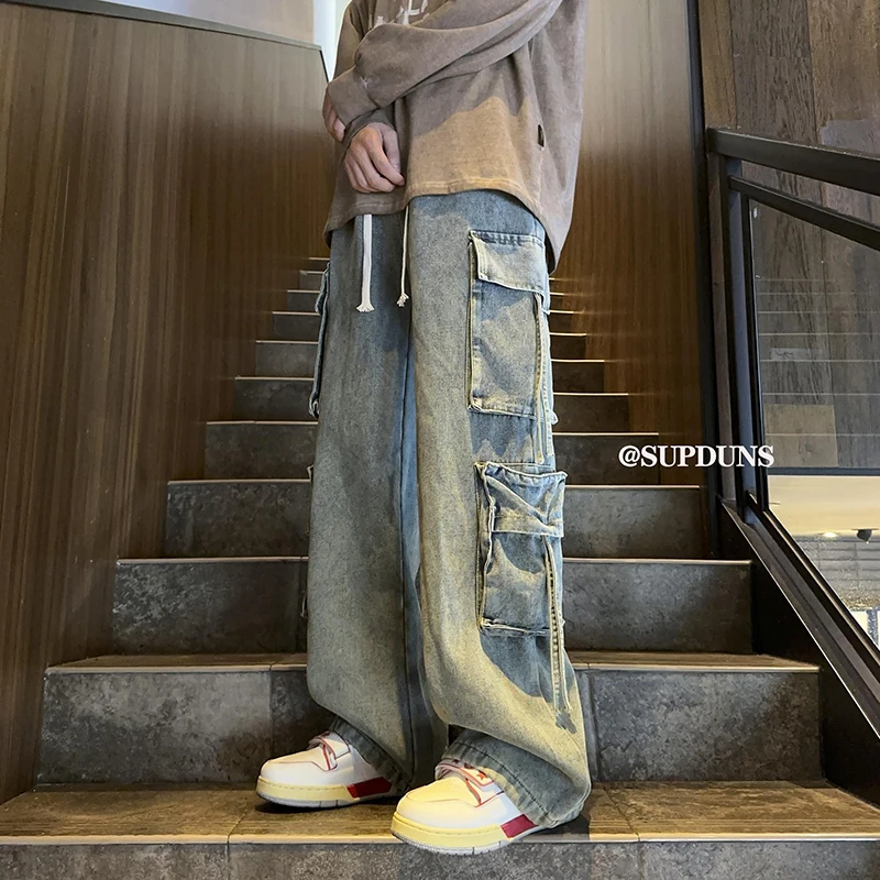 

Men's Jeans Hip-hop Fashion Wide-leg Denim Pants Retro Baggy Trousers High Street Multi-pocket Jeans Male Streetwear