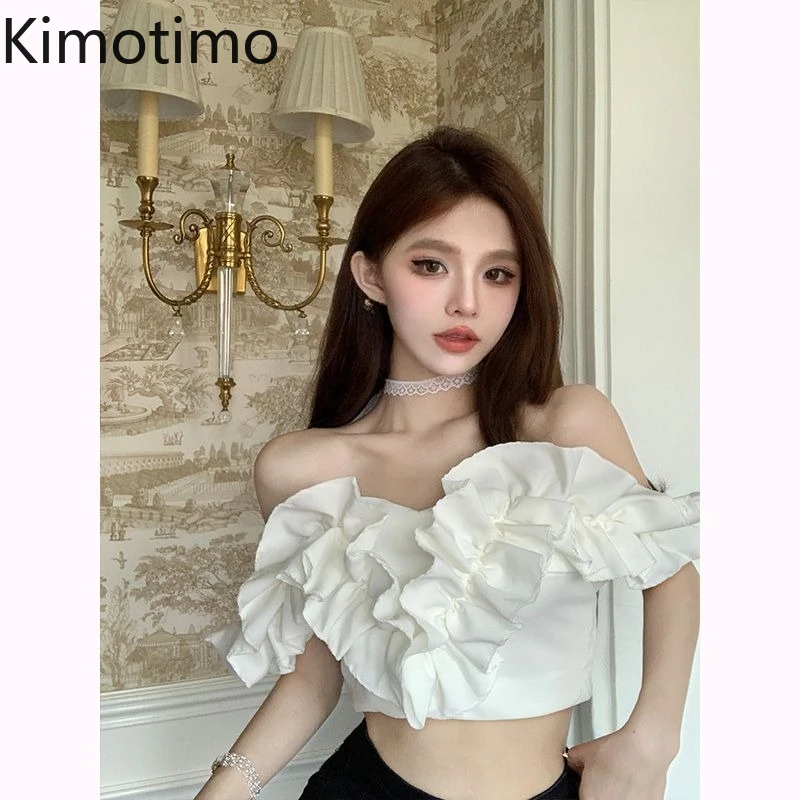 

Kimotimo, короткие топы с разрезом на шее и оборками, женские сексуальные рубашки с открытыми плечами, облегающие рубашки с открытой спиной, 2026, новая мода, шикарная блузка Y2k