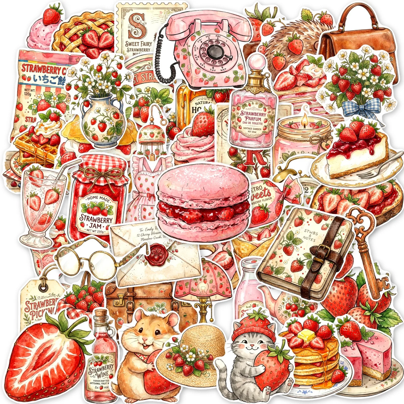 50PCS Retro Watercolor Strawberry Sticker DIY Graffiti Dessert Objects Decoration Notebook Skateboard Cartoon Sticker Toys Gifts