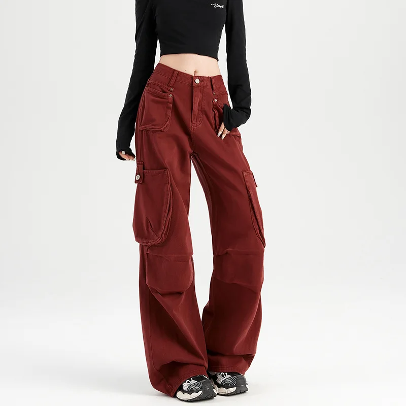 Amerikaanse Ankara rood geverfde overall herfst Hong Kong-stijl hoge taille multi-pocket losse wijde pijpen hoge taille dun