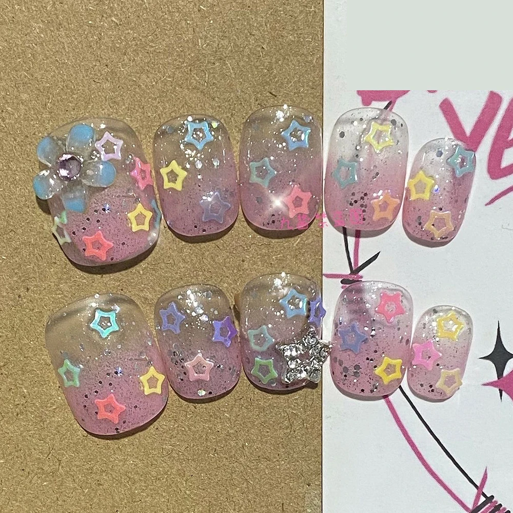 10Pcs Y2K Long Duck Square Punk Rivet Press On Nails Handmade French Leopard Print Star Lace Love Diamond Fake Nails Gift