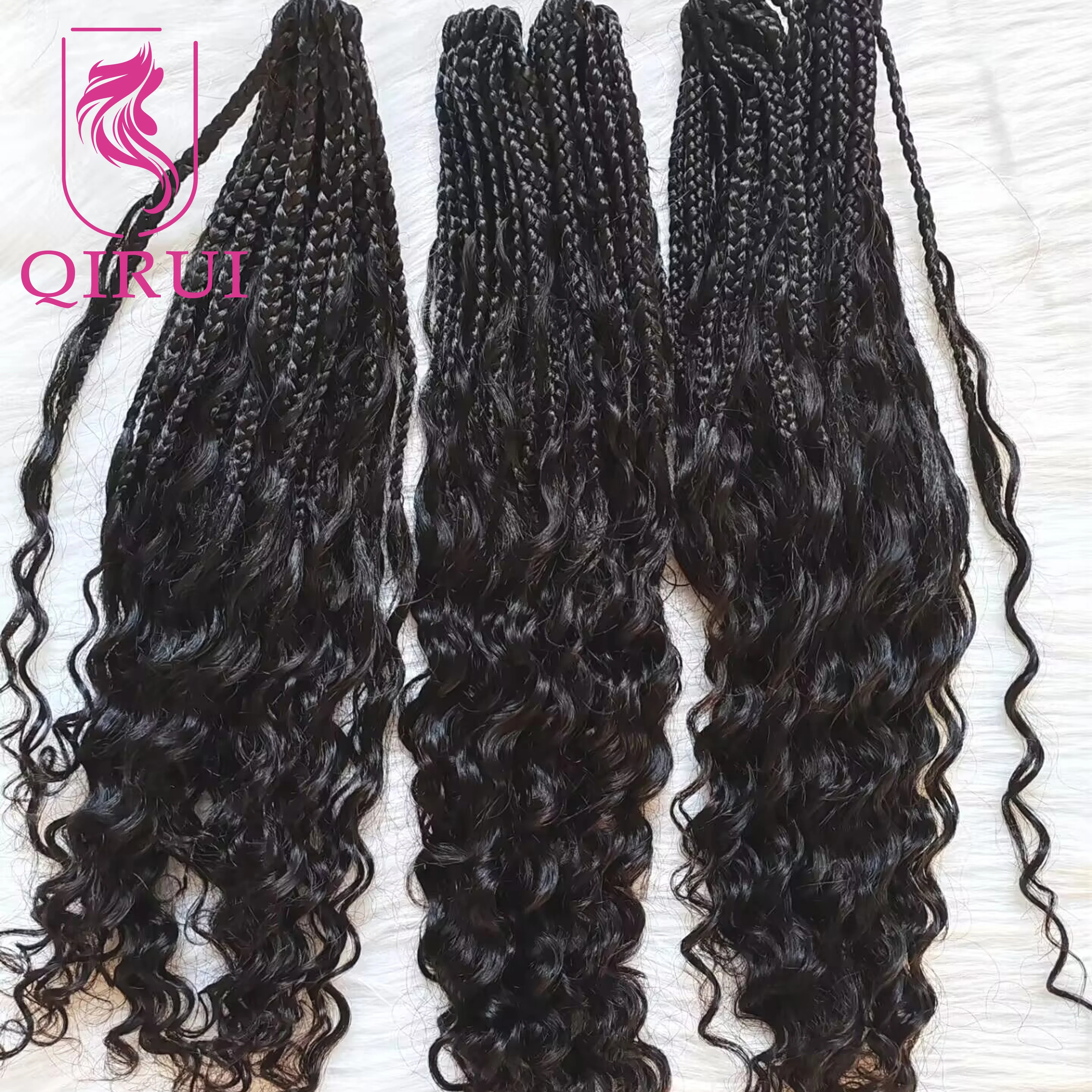 Trenzas de caja Boho de ganchillo con rizos de cabello humano, trenzas de caja preenrolladas con cabello humano rizado, extremos completos,