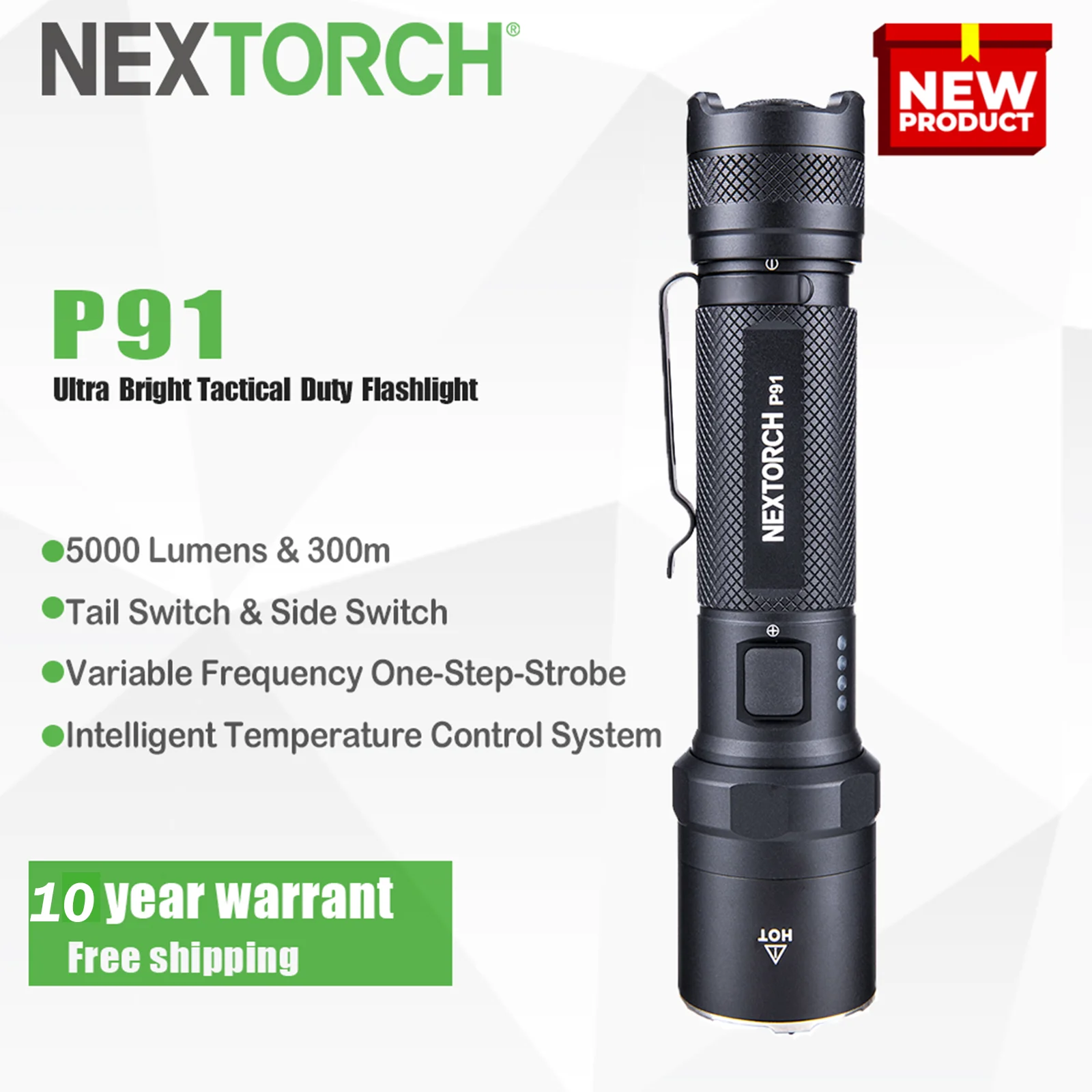 NEXTORCH P91 5000 lumen tactical duty flashlight, dual switch high power flashlight Rechargeable with temperature control system