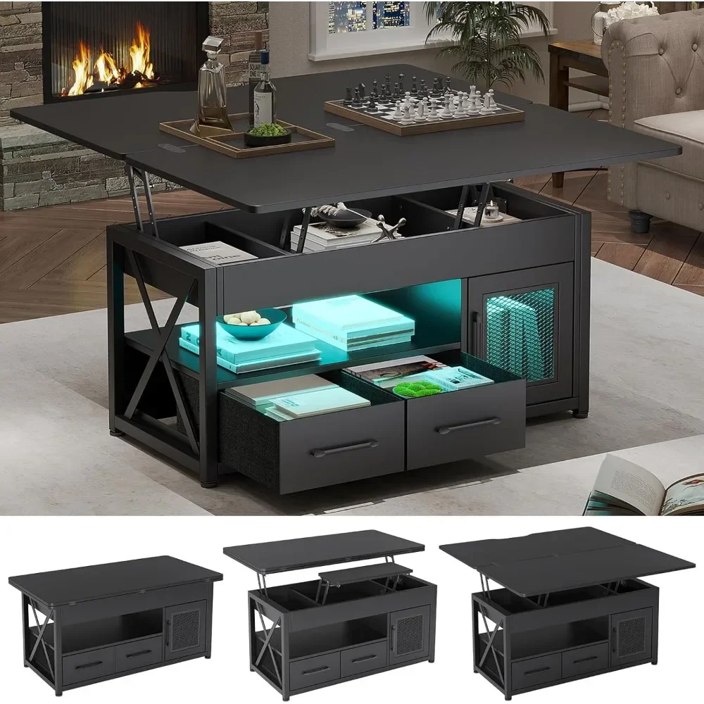 40" Lift Top Coffee Table 4 in 1 with Storage Cabinet for Living Room,with 2 Fabric Drawers & LED Light Farmhouse Coffee Table