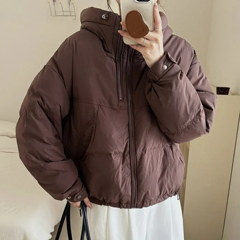 후드가 있는 가을 겨울 따뜻한 캐주얼 루즈 오버사이즈 따뜻한 아우터 2026년 신상 숏코트 여성용 화이트 덕다운 재킷