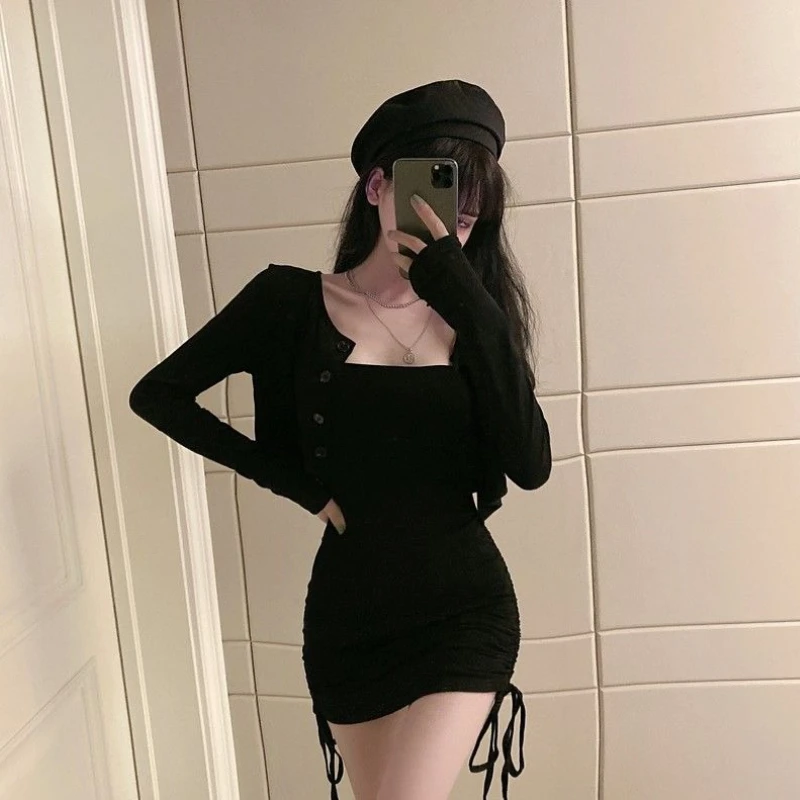 

Stylish 2026 Two Piece Set Women Pleated Spaghetti Strap Dress Cardigan Midriff Baring New Style