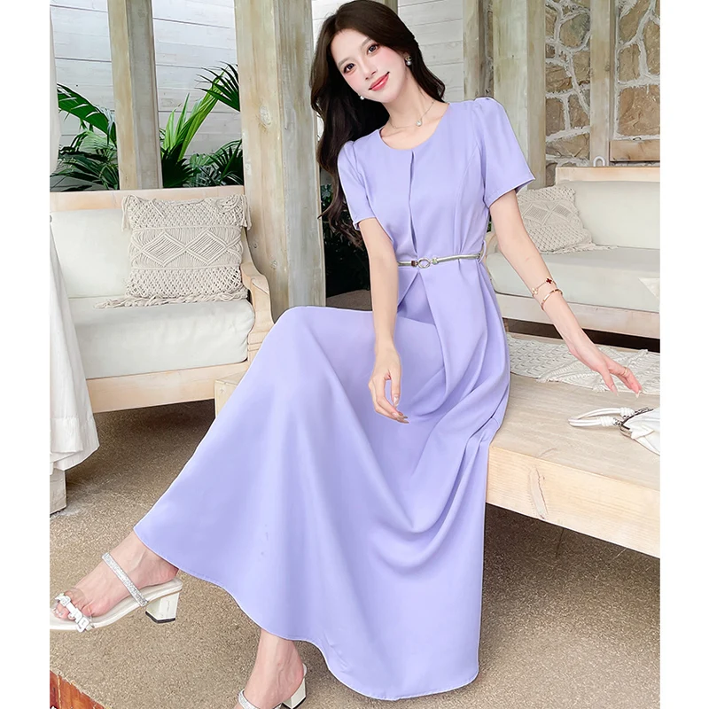 ภาษาฝรั่งเศสคําอารมณ์Elegant Lady Office Work Partyชุดผู้หญิงฤดูร้อนO-คอพัฟแขนสั้นSlimเข็มขัดA-Line Dresses