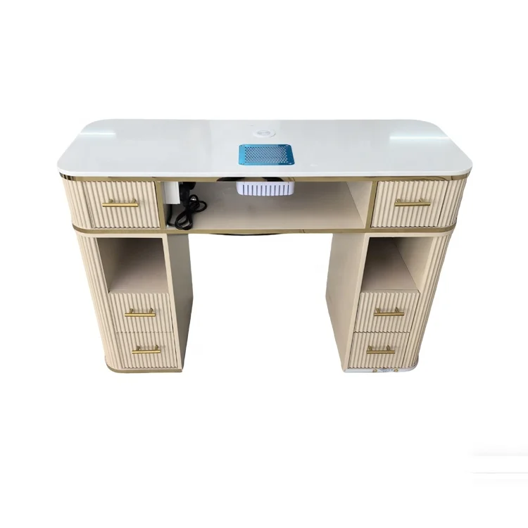 Classic French Style Beauty Salon Beige White Manicure Table Nail Tech Table and Chair Manicure Desk