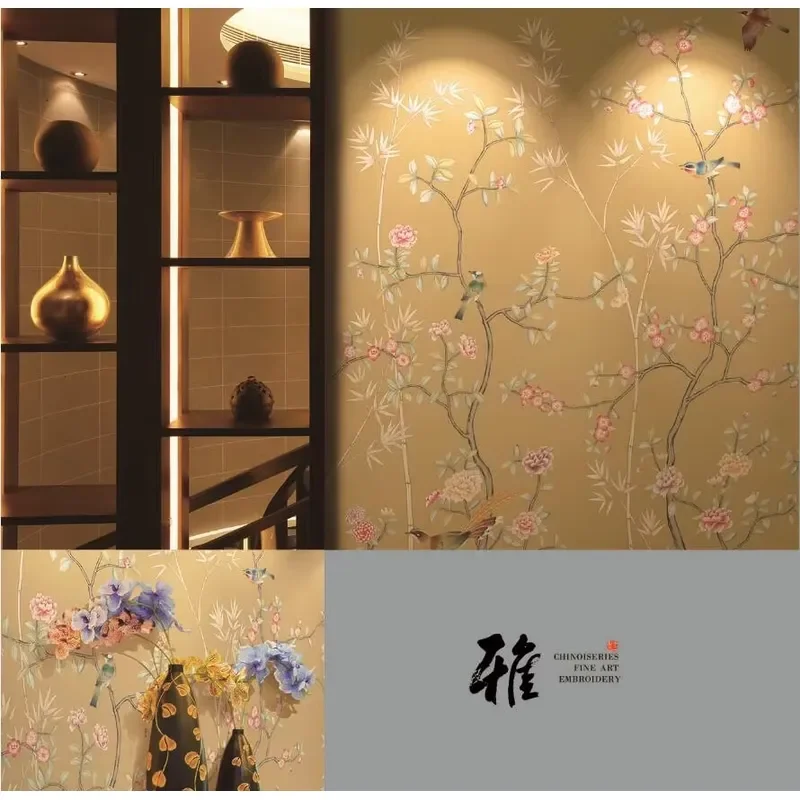 Traditional Floral Design High-End Classic Birds Flowers Hand-made Embroidery Wallpaper