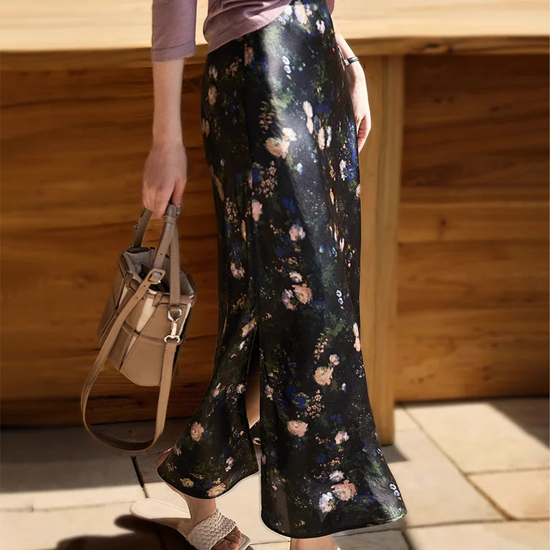 Women's Summer Monet Oil Painting Elegant Silk Skirt High-end Mulberry Silk Ankle Length Skirt Floral A-line Slit Long Skirt
