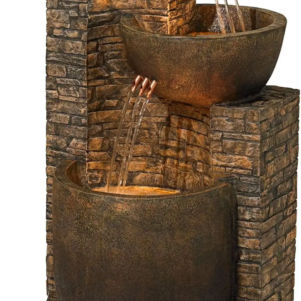 

35 Large Rustic Tiered Stone-Look Floor Fountain with LED Light for Outdoor Garden, Patio, and Yard