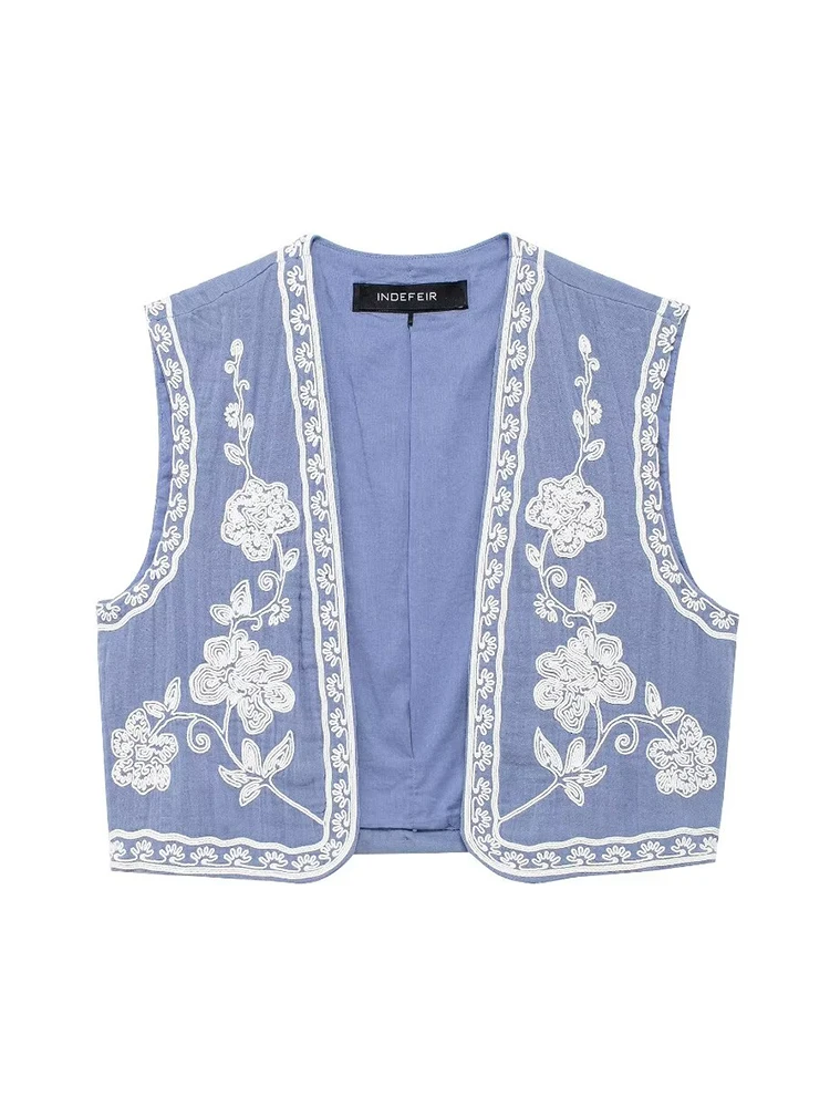 TRAF 2024 New Women Sleeveless Embroidered Vest Causal Female Vintage Boho Vest Woman Cropped Jacket Waistcoat Women Cardigan