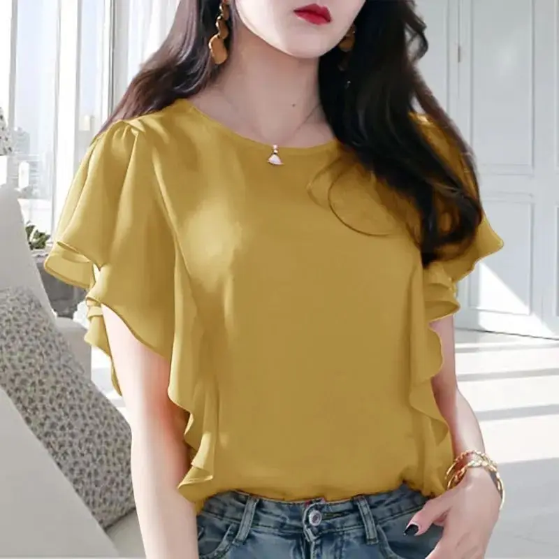 Temperament Ruffles Loose Tops Tees Summer New Short Sleeve Solid Color All-match Office T Shirts Vintage Fashion Women Clothing