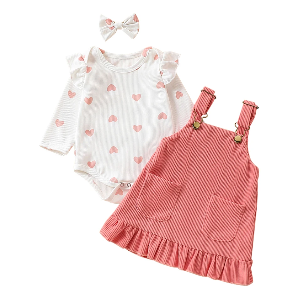 Elegant and Playful Baby Girls Three-Piece Set Heart-Printed Long Sleeves bodysuit Shoulder Strap Dress and Hair Tie Baby Sets