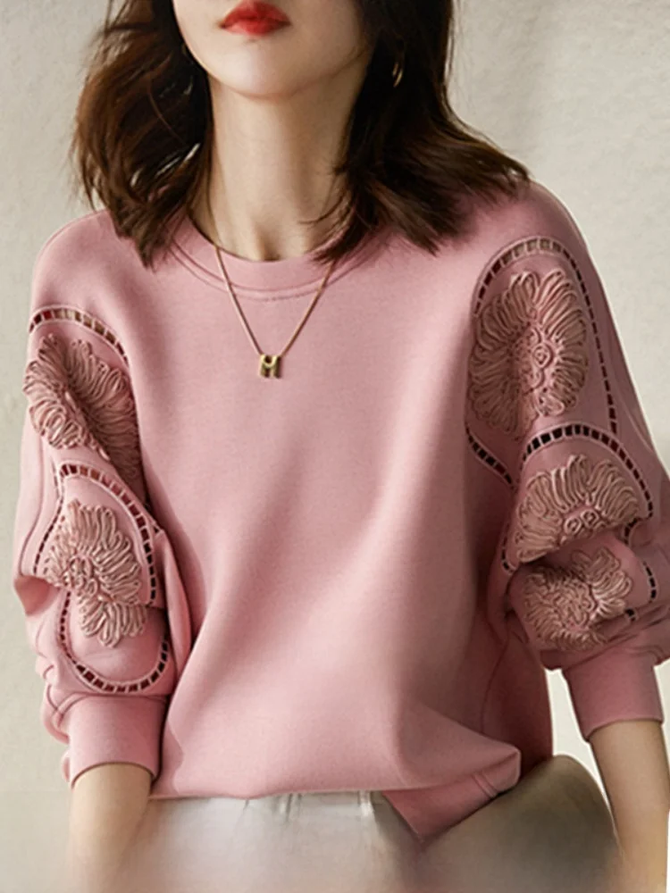 

Женская толстовка с длинными рукавами и круглым вырезом, универсальная, с вырезами, в корейском стиле, повседневная, свободного кроя