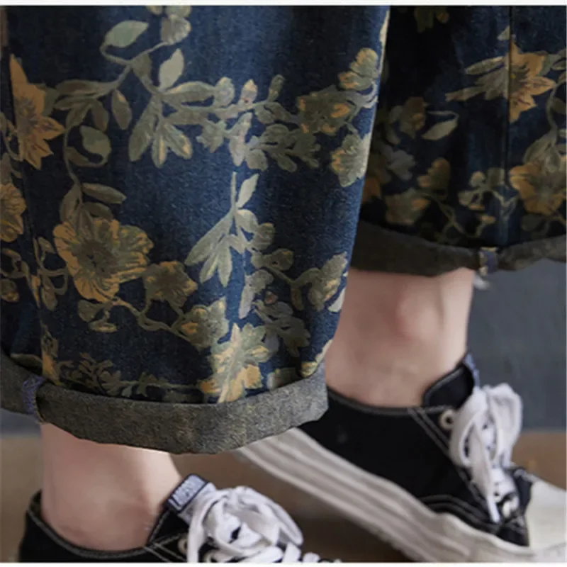 봄 인쇄 꽃 데님 점프 슈트 여성 빈티지 streetwear 대형 바지 루즈 와이드 레그 오버올 스트랩 헐렁한 바지 jj51