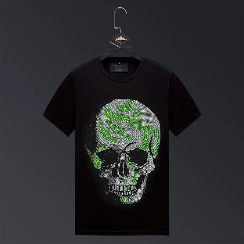 

Vintage Skulls Rhinestones T Shirts Men Summer Clothes Fashion Streetwear O Neck Short Sleeve Thin Cool Elastic Cotton T-shirts