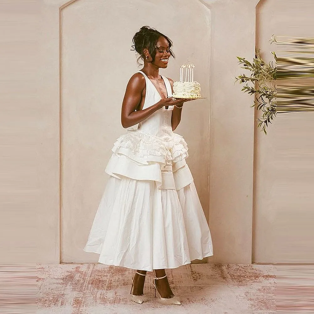 

Сексуальные платья для выпускного вечера с глубоким V-образным вырезом, многоуровневое атласное платье трапециевидной формы с баской до щиколотки, праздничные платья, женское вечернее платье