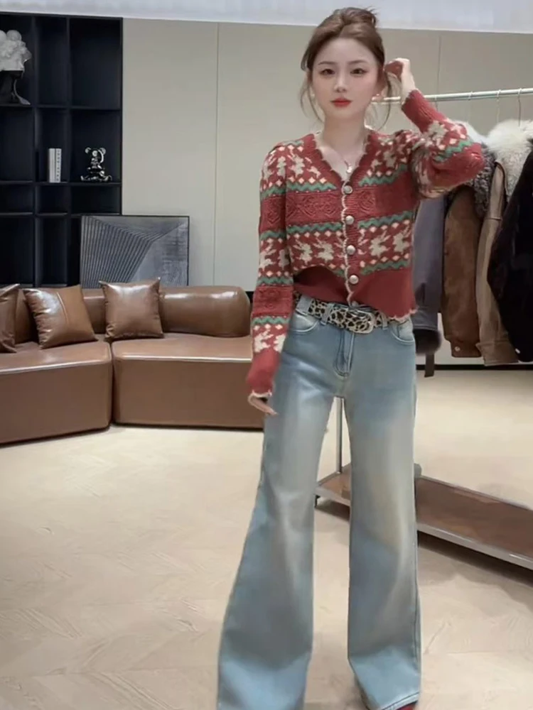 

Red Knitted ort V-Ne Cardigan And Pants Set Women's Faion Casual Sle Winter Collection High Design Sense Color Blo