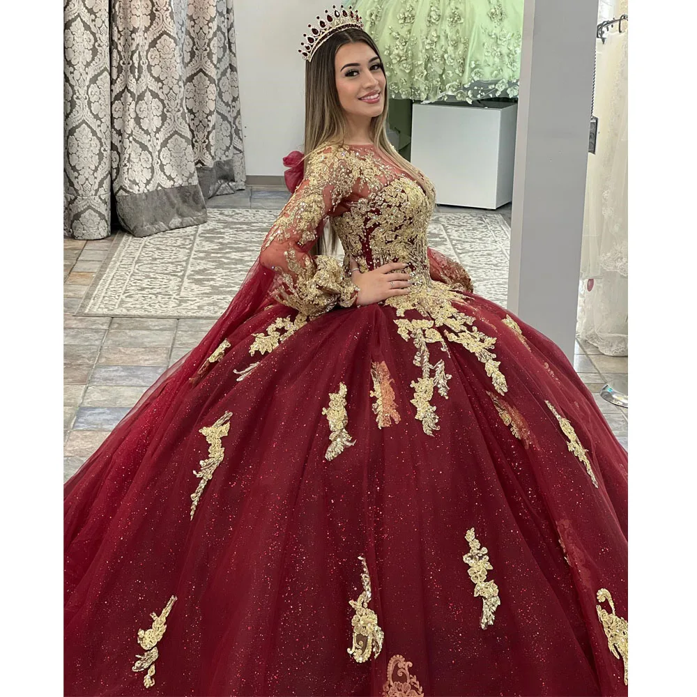 

Burgundy Sparkly Tulle Long Sleeves Quinceanera Dresses 2023 Ball Gown Princess Vestido De 15 Anos Sweet 16