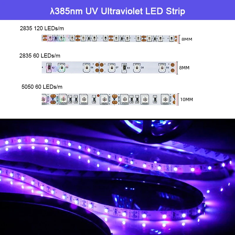 

12V 5M UV Ultraviolet 385nm LED Strip tape 60led/m 120led/m 5050 2835 3528 SMD Purple Light Bar for DJ Fluorescence party IP20