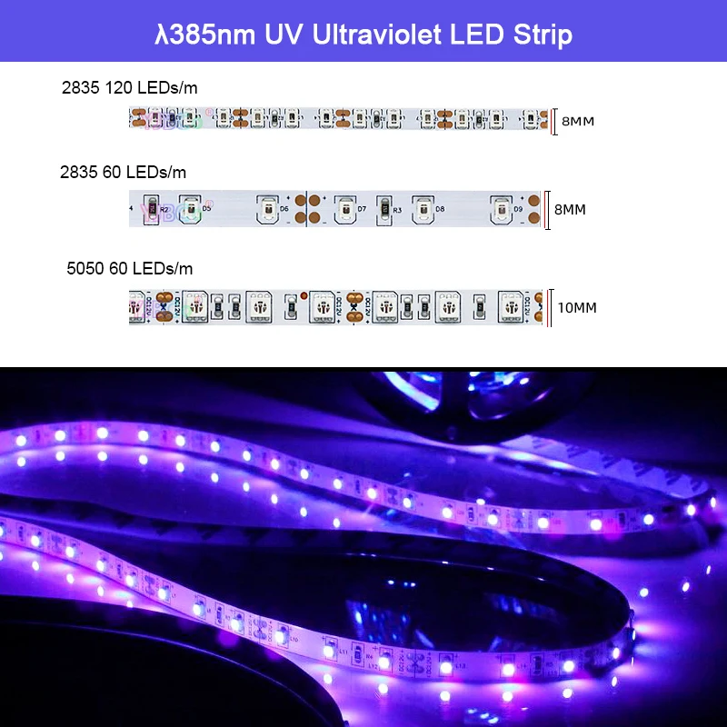 12V 5M UV Ultraviolet 385nm LED Strip tape 60led/m 120led/m 5050 2835 3528 SMD Purple Light Bar for DJ Fluorescence party IP20