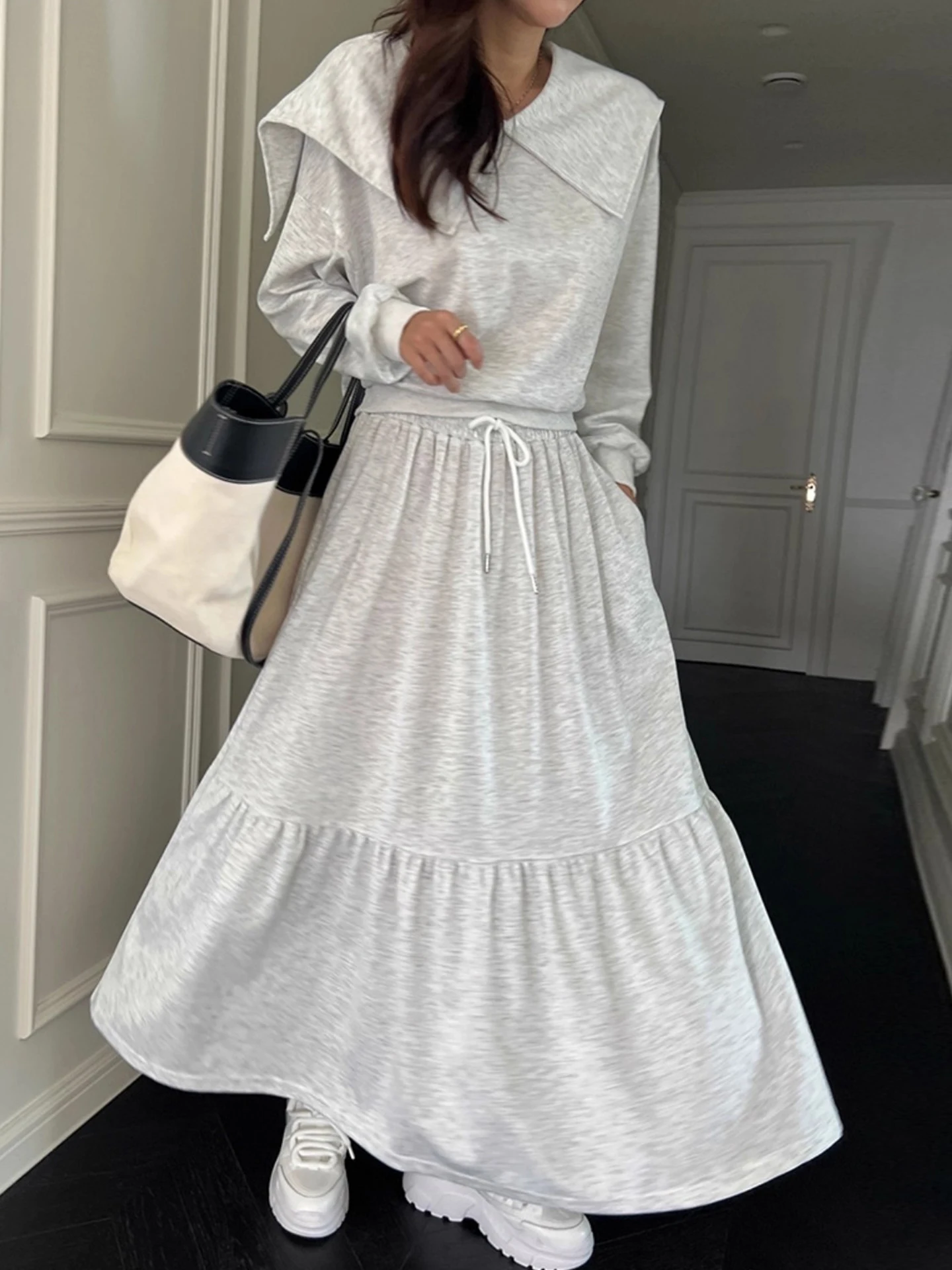 Chique herfst lang Sve-sweatshirt dames hoge taille A-lijn rok set casual comfortabele outfit woon-werkverkeer Sle pure kleur