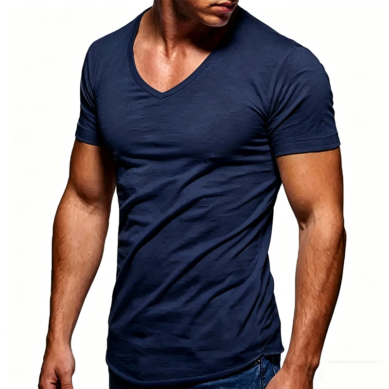 Herren 100% Baumwoll-T-Shirt Lässiges Weiches Fitness-Oberteil Sommer Dünnes T-Shirt Hauskleidung V-Ausschnitt Kurzarm Schwarz Weiß T-Shirt für Männer – Detail 2
