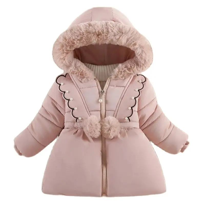 

Winter Children Girls Artificial Fur Collar Hooded Down Jacket Add Velvet Warm Outerwear Kids Fashion Beaded Coat Casual Clothes