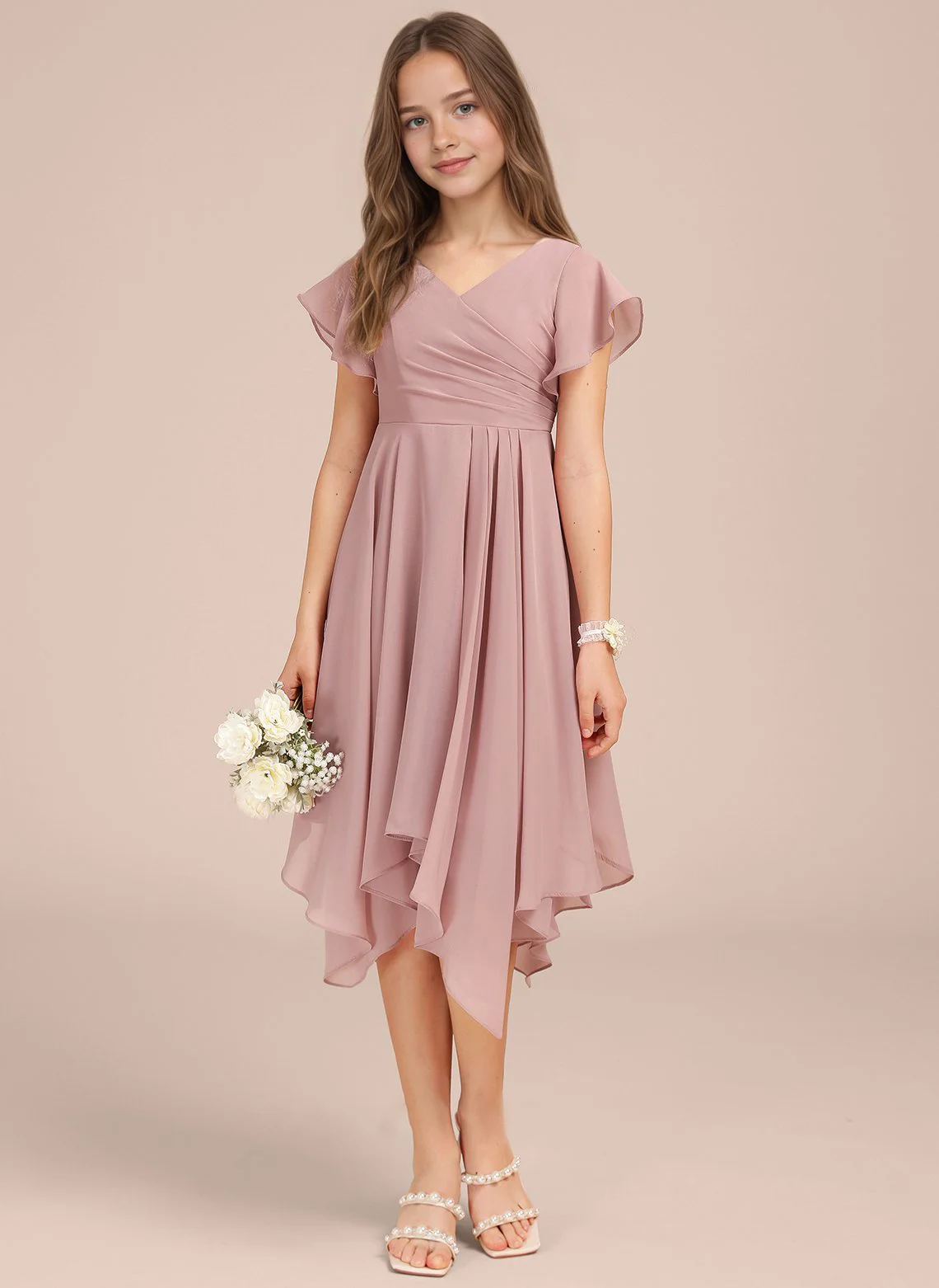 

DIDEYTTAＷＬ Ruffle Sleeves Chiffon High Waist Asymmetrical Hem Back Zipper Elegant Flower Girl Wedding Party Bridesmaid Dress