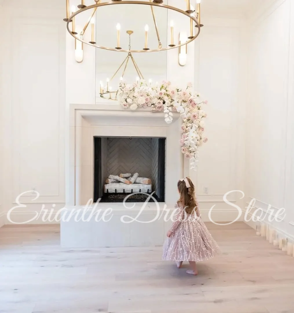 فستان فتاة الزهور الوردي الفاتح لحفلات الزفاف من التول المنتفخ والترتر الأميرة الطفل أول فستان حفلة عيد الميلاد الإفخارستية حسب الطلب