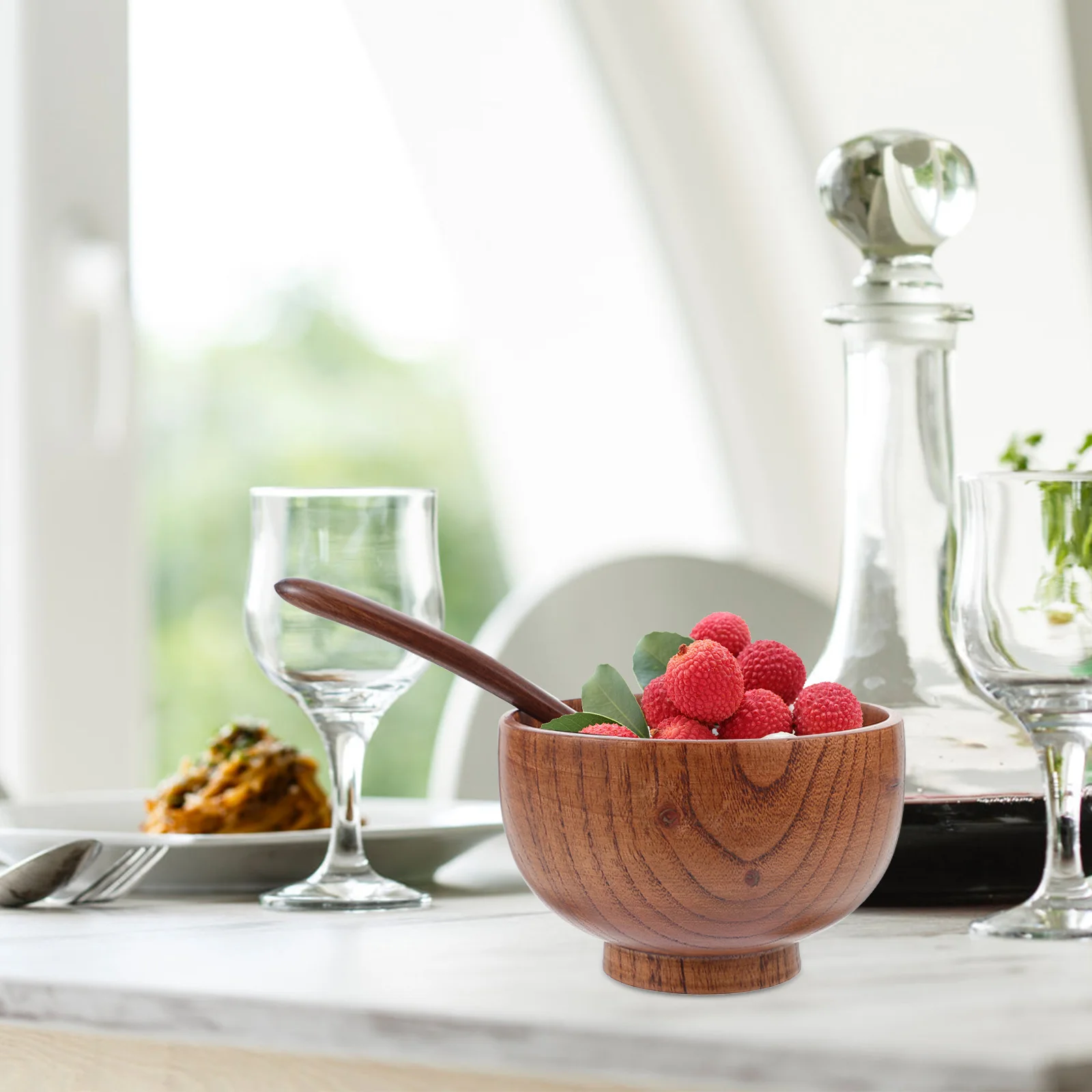 

2Pcs Wooden Jujube Bowl Spoon Set Natural Grain Crack Resistant Rice Salad Vegetable Serving Tableware Bowl and Spoon