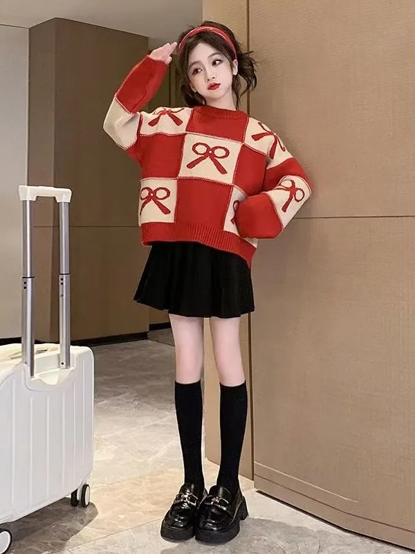 2024 Girls Sweater Thick Loose Childrens Autumn Winter Fashion Knitted Sweater with Bow Top for Girls Red Sweater