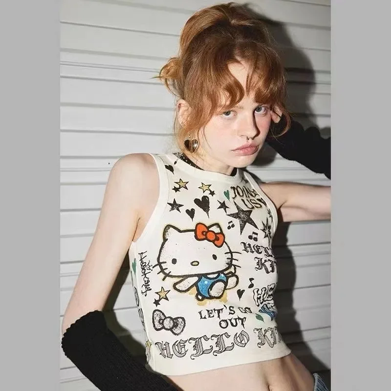 Y2k Tops Edgy Clothes Millennium Hot Girl Harajuku Cat Graffiti Print Kawaii Tank Crop Top Women Slim Cute Gothic Streetwear