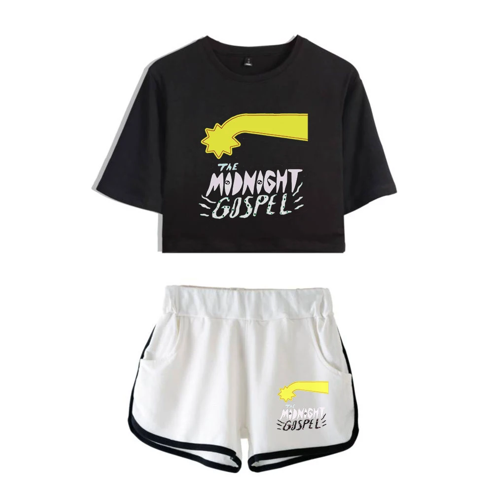 Cartoon Cute The Midnight Gospel Print Short Sleeve Cool Sexy Shorts+lovely T-shirts Dew navel Pretty Girl suits Two Piece Set