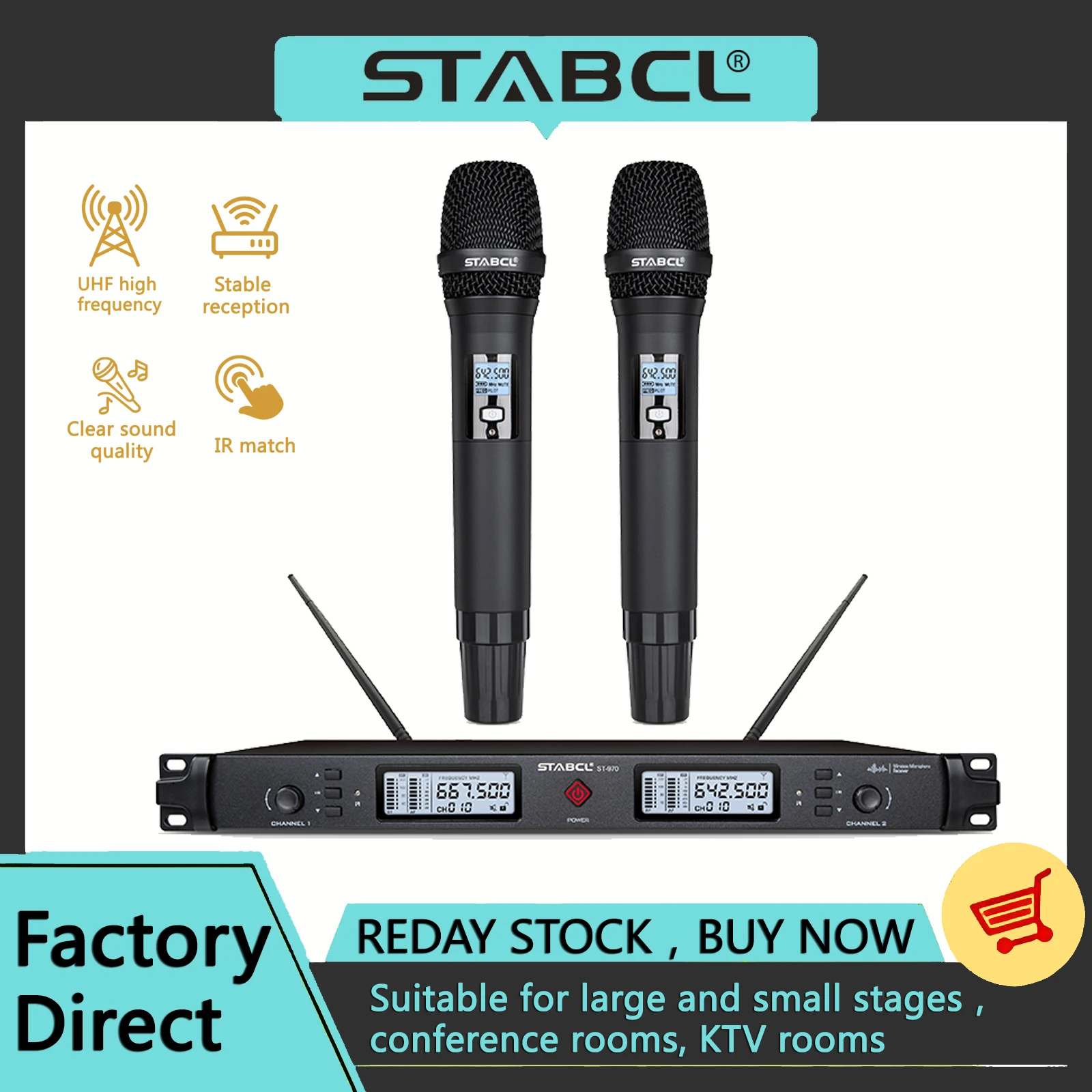 

ST-970 Professional UHF Wireless Microphone System Dynamic Handheld with Dynamic Cordless Mic for Church Karaoke Singing