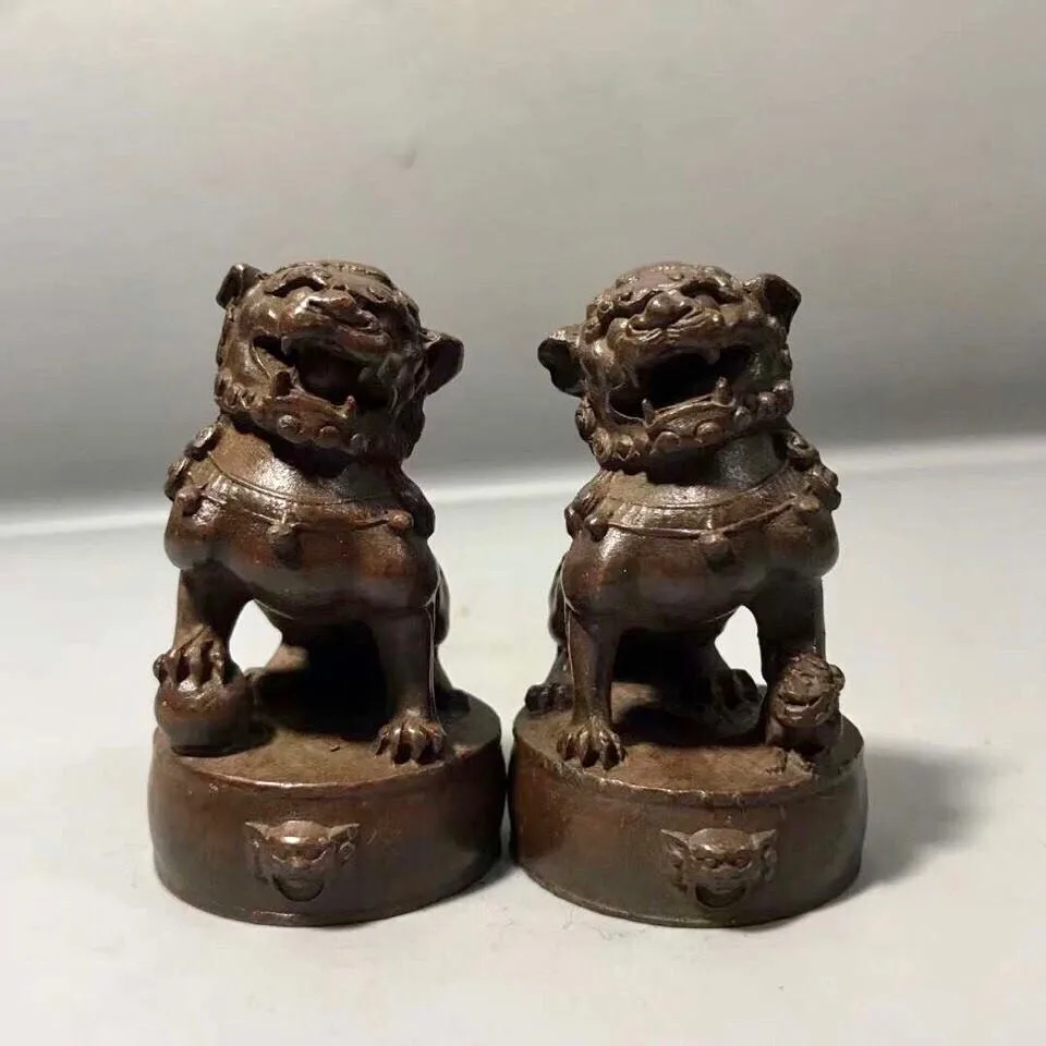 

Pair Copper Collection Houses Safe Leo Lion Statue Figure Great Fortunes Gift