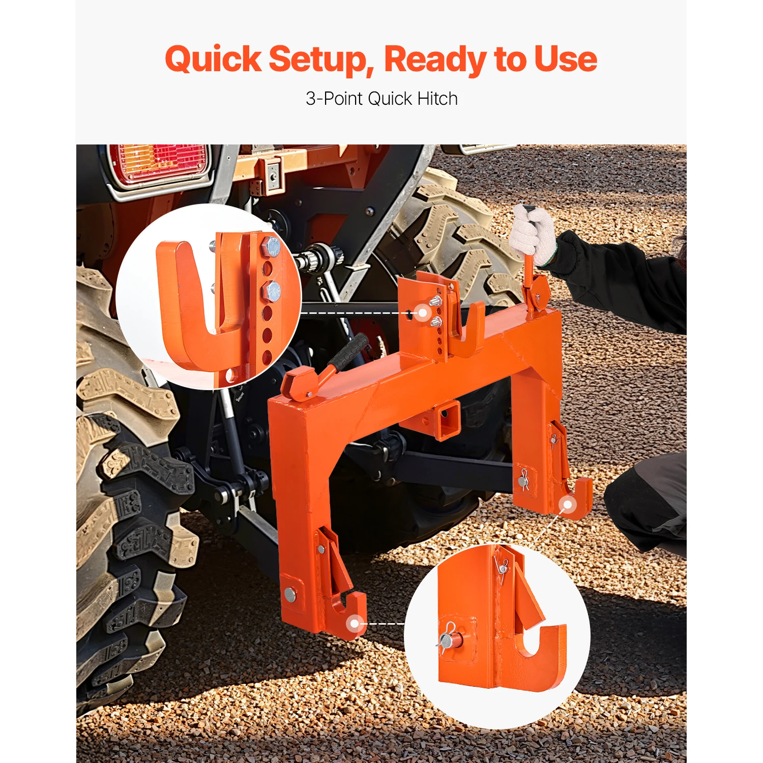 3-Point Quick Hitch with 2 in Receiver, 3000 Lbs Lift Capacity, 3-Pt Hitch with 5 Level Adjustable Bolt, Adaptation to Category 1 & 2 Tractor, Heavy-Duty 3 Point Attachments, Orange