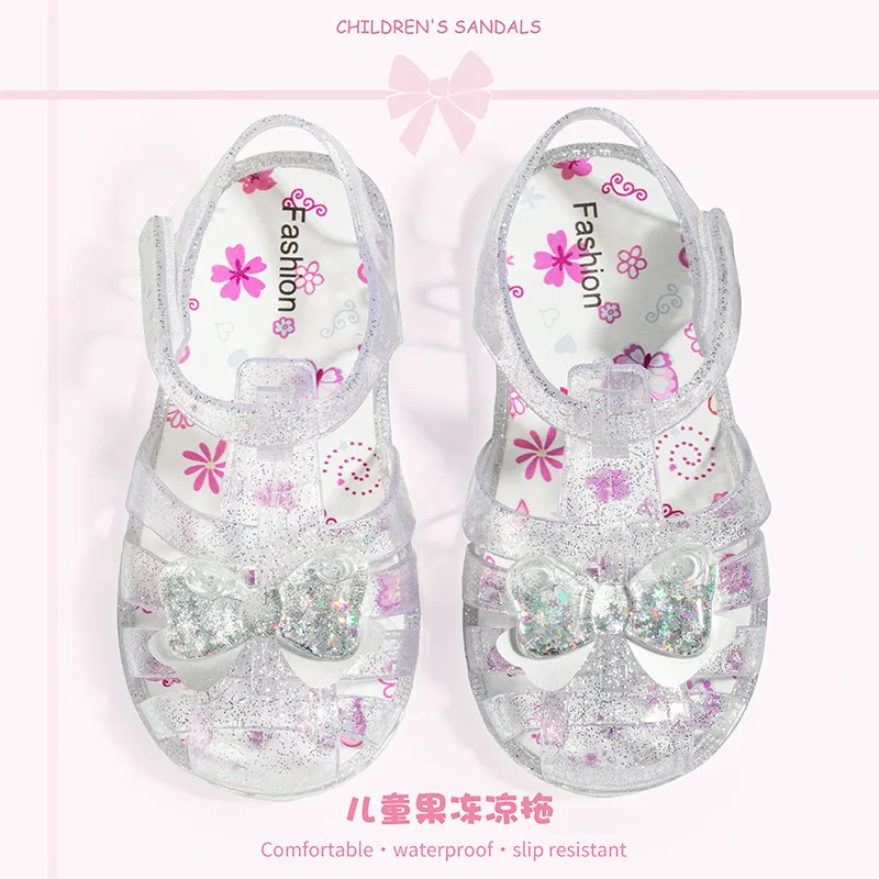 

New Summer Princess Shoe Children Girl Jelly Sandals Transparent Hole Shoe Toddlers Beach Sandals Kids Roman Closed-toe Slippers