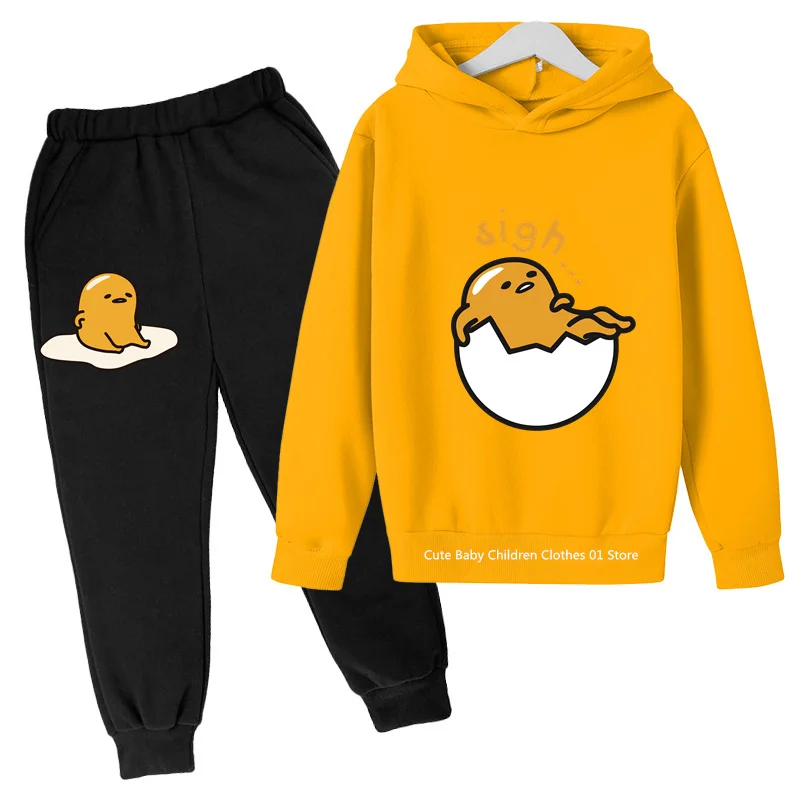 2024 New Kids Cute cartoon casual outdoor Spring and fall set Gudetama girls Boys clothes pullover hoodie ages 4-14