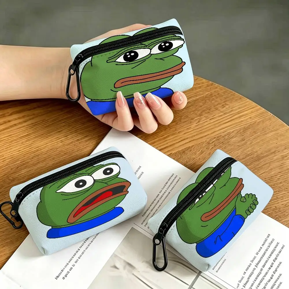 P-Pepe the Frog Portable Oxford Cloth Coin Purse Alloy Carabiner Hook Small Zipper Pouch For Backpack Belt Daily