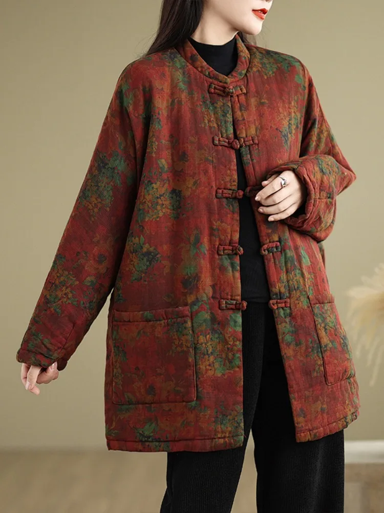 

Утепленное хлопковое пальто Thiened Old Sle с цветочным принтом, женское зимнее пальто средней длины на пуговицах, хлопковая верхняя одежда в этническом стиле