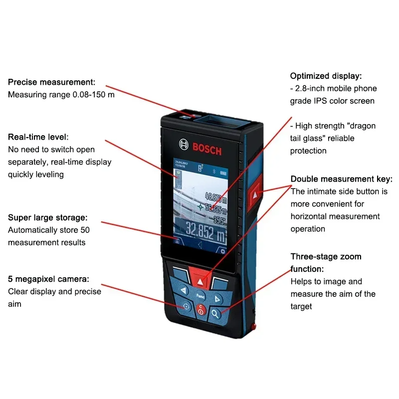 BOSCH GLM 150C Laser Measure Laser Measuring Rangefinder 150m Long Distance Meter 2.8-inch Profesional IPS Screen GLM150C