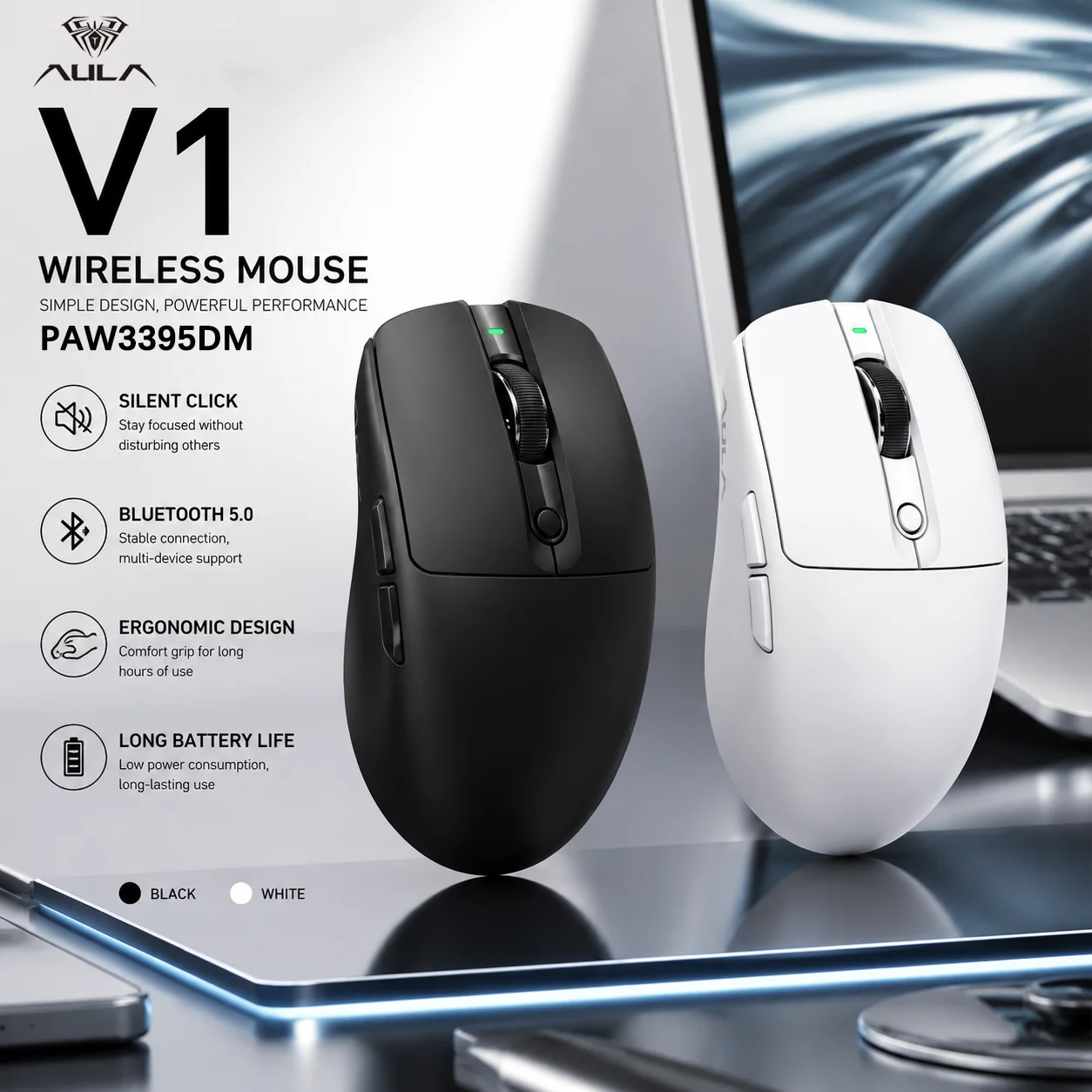 AULA V1 55g Ultra‑Light Tri‑Mode Gaming Mouse PAW3311 12000DPI Dual 1K Rechargeable Wireless Bluetooth for Small‑Medium Hands