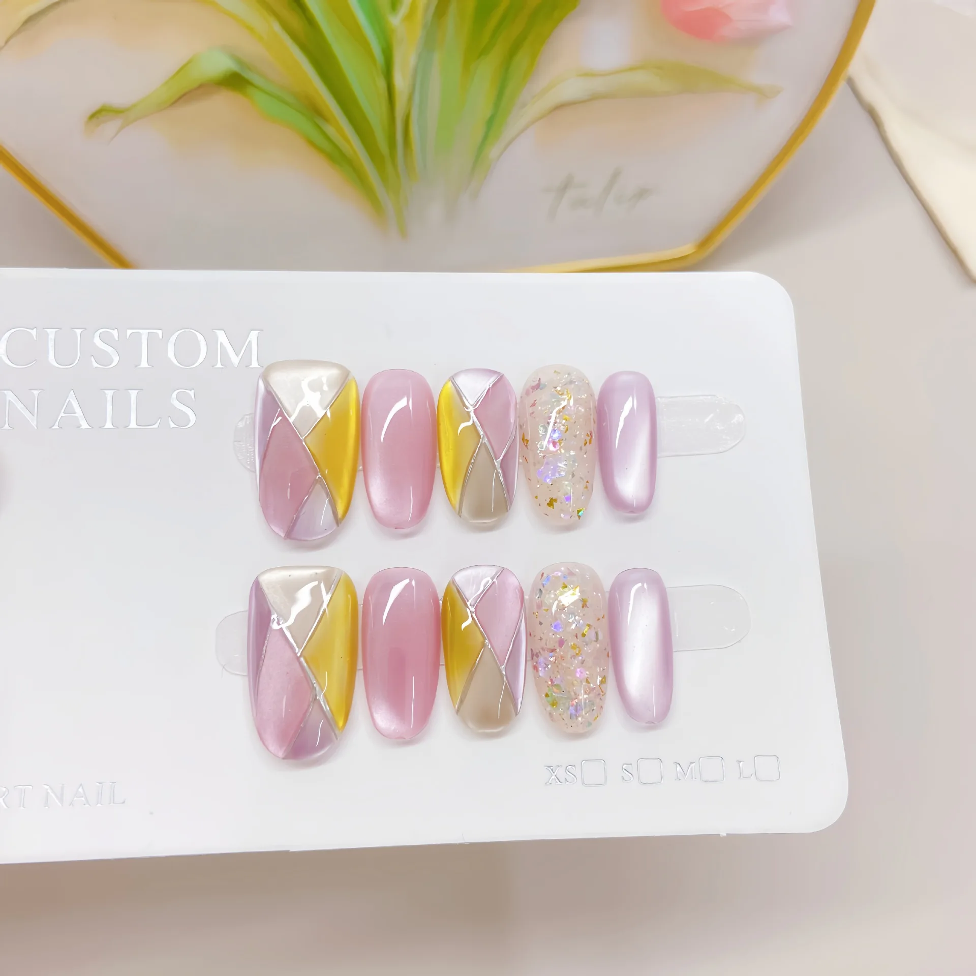 10 قطعة الصحافة اليدوية على الأظافر ضوء النجوم ظهرت الحلوى تحقق نمط القط العين أظافر صناعية للنساء والفتاة القابلة للإزالة يمكن ارتداؤها مسمار #2