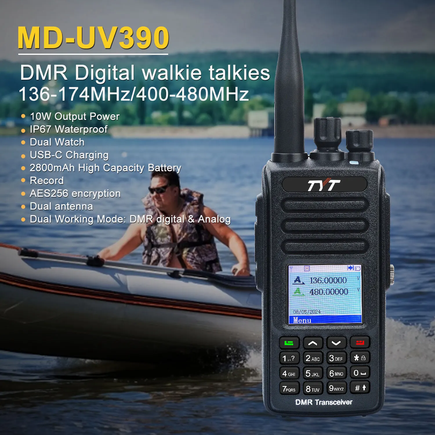 TYT MD-UV390 10W IP67 Wateroof Record VHF UHF Dual Band AES256 Encryption DMR Digital Walkie Talkie with USB-C 2800mAh Battery